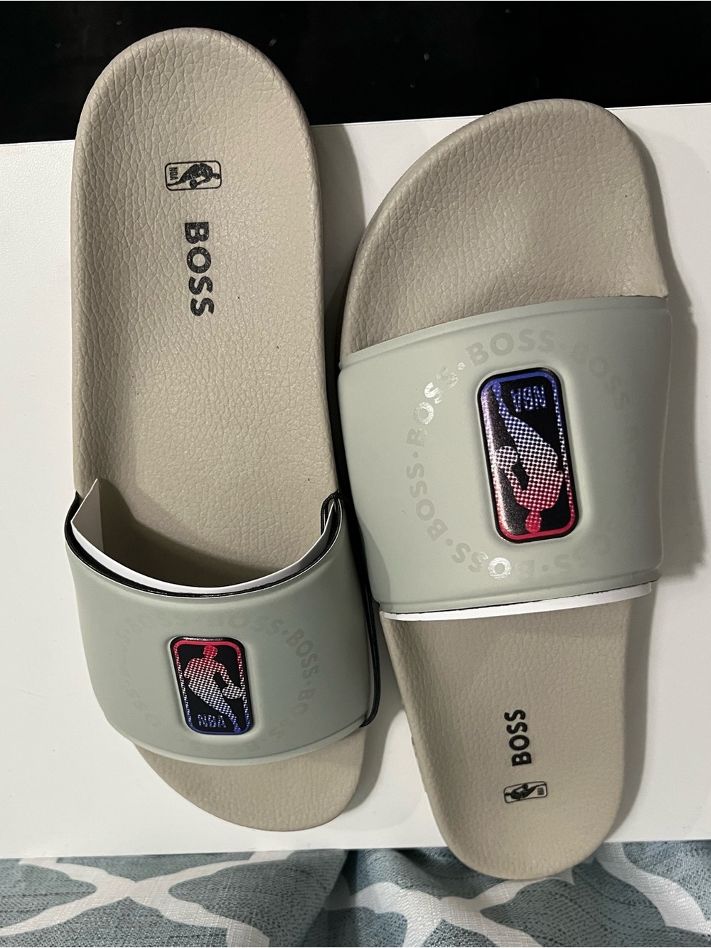 Hugo Boss Light Gray Slide Sandals with NBA Red & Blue Logo Patch